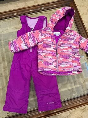 Columbia Girls Pink Purple Patterned Puffer Jacket & Purple Snow Bibs